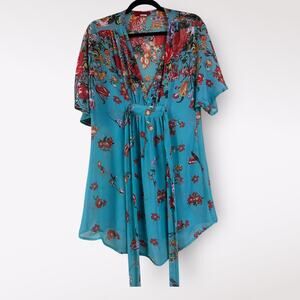 Akira | Medium Tunic Top Blue Floral Tied V-Neck Party‎ Work Casual